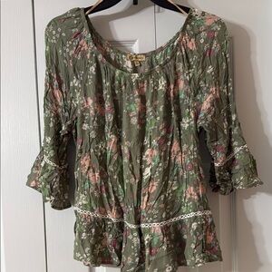Green Ruffled Peplum Blouse with Bell Sleeves